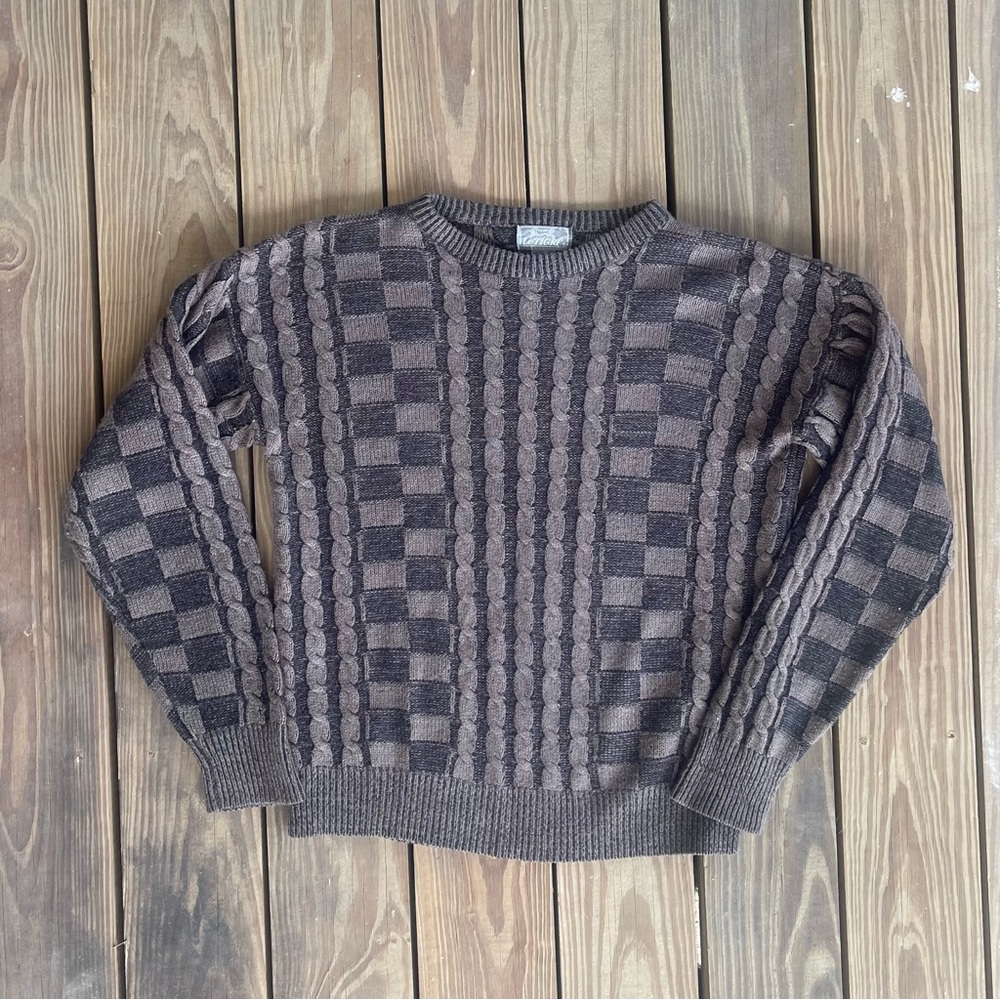 VTG Le Tigre Gray Checkered Cable Knit Sweater Large